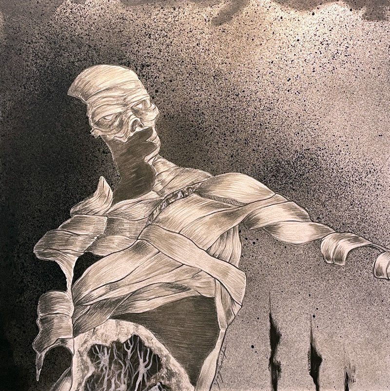 A mixed media drawing on board depicting a figure wrapped in bandages with a dark, textured background.