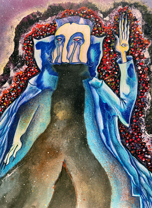 A mixed media painting featuring a figure with abstract and distorted facial features, dressed in blue, with an eye in the palm of the hand. The background has a cosmic, starry texture with clusters of red.