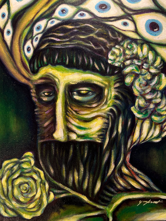 Savior original acrylic and oil painting featuring crowned archetypal figure with multiple watchful eyes