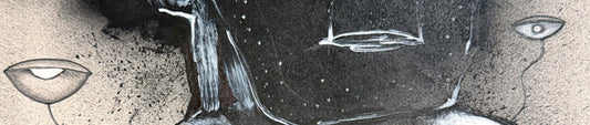 Close-up detail showing two floating eyes and a floating mouth on black, rendered in graphite on paper — The Sentinel, Hank Yaghooti, 2026.