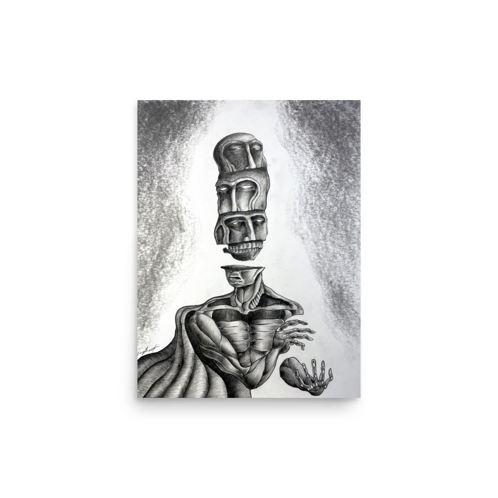 Surreal Jungian portrait drawing titled Strata featuring fragmented stacked faces