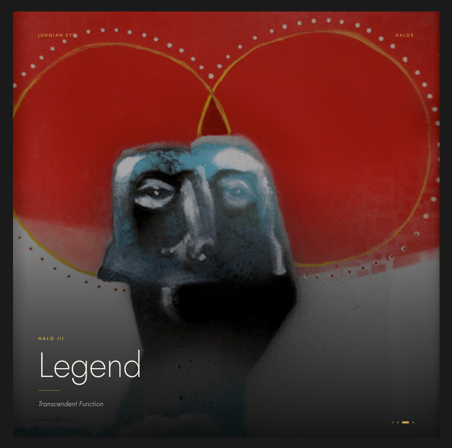 Art for Halo III – 'Legend' featuring a stylized blue-gray face against a red and gray background with gold circular line details.