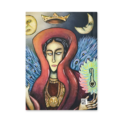 Surreal symbolic art journal featuring crowned female figure between sun and moon