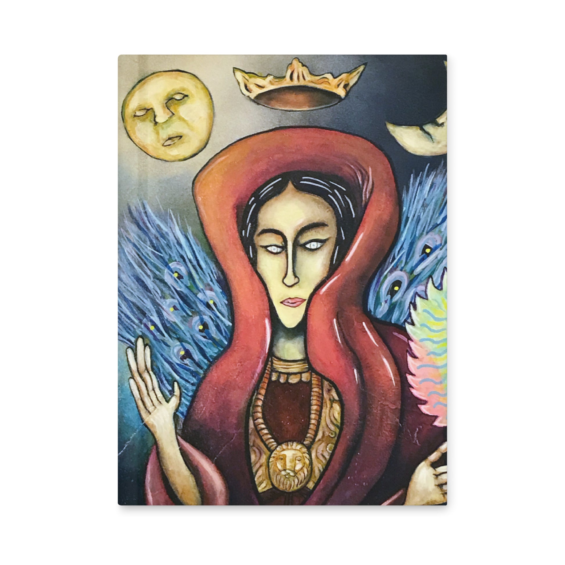 Surreal symbolic art journal featuring crowned female figure between sun and moon