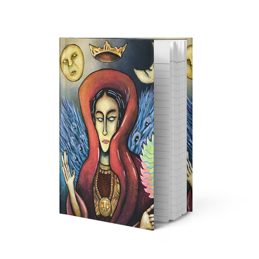 Surreal symbolic art journal featuring crowned female figure between sun and moon