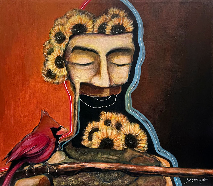 Máscara de Muerte con Cardenal - Pintura de Técnica Mixta