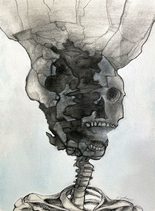 Cráneo destrozado - Dibujo de técnica mixta